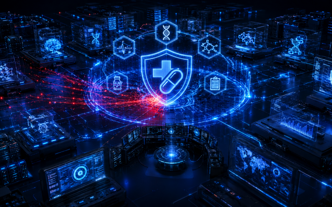 Novo Nordisk cyberattack illustration showing pharmaceutical research systems, cybersecurity incident response measures, and protection of sensitive clinical and proprietary data.