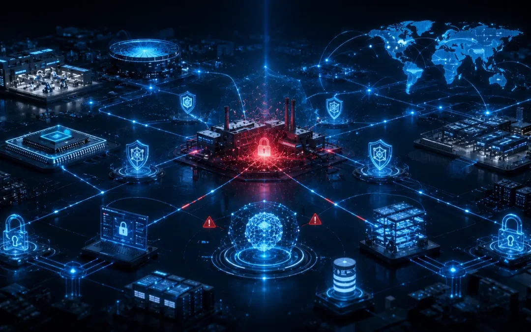 Tata Electronics cyber breach illustration showing supply chain security controls, cybersecurity monitoring systems, and protection of sensitive manufacturing and intellectual property data.