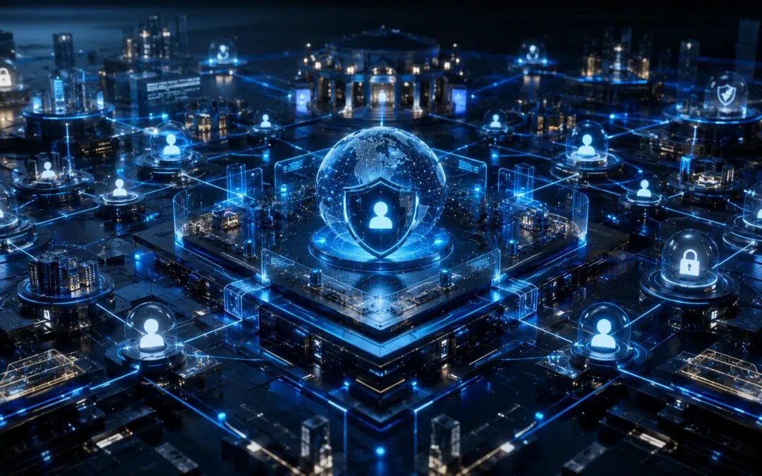Digital platform governance illustration showing user protection controls, privacy safeguards, risk management frameworks, and accountability mechanisms.