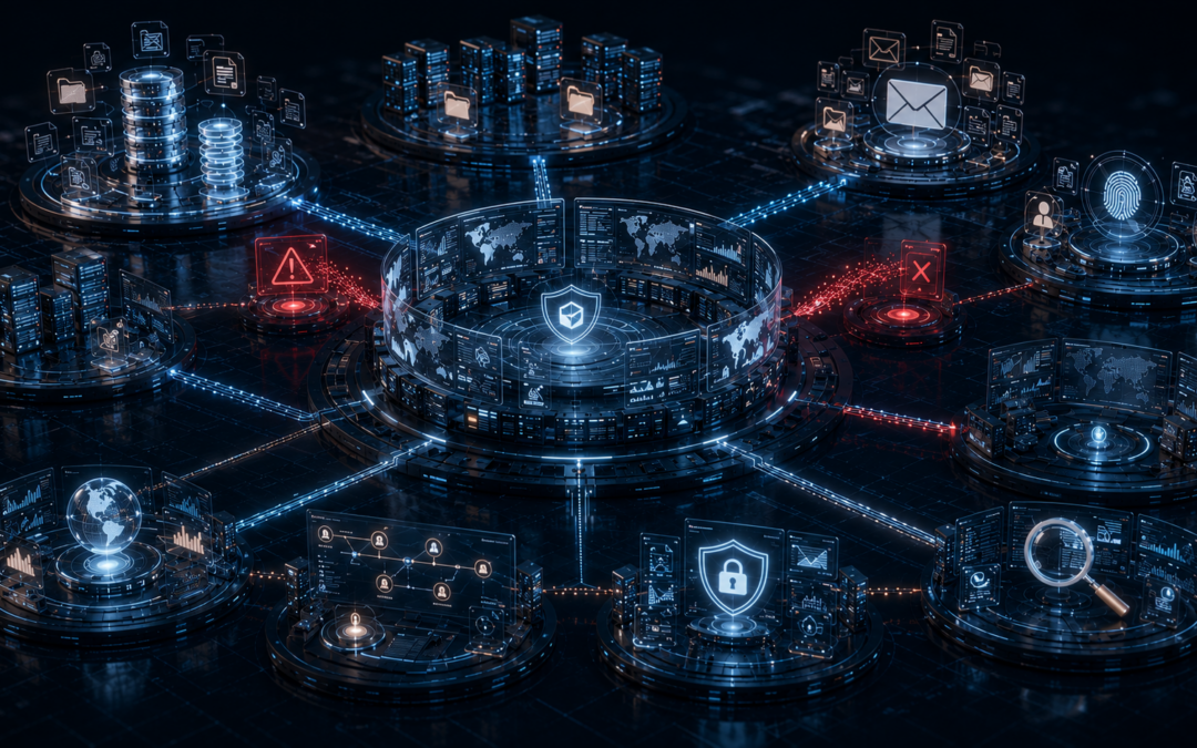 AssuranceAmerica data breach illustration showing cybersecurity monitoring, phishing attack detection, insurance data protection systems, and incident response infrastructure.