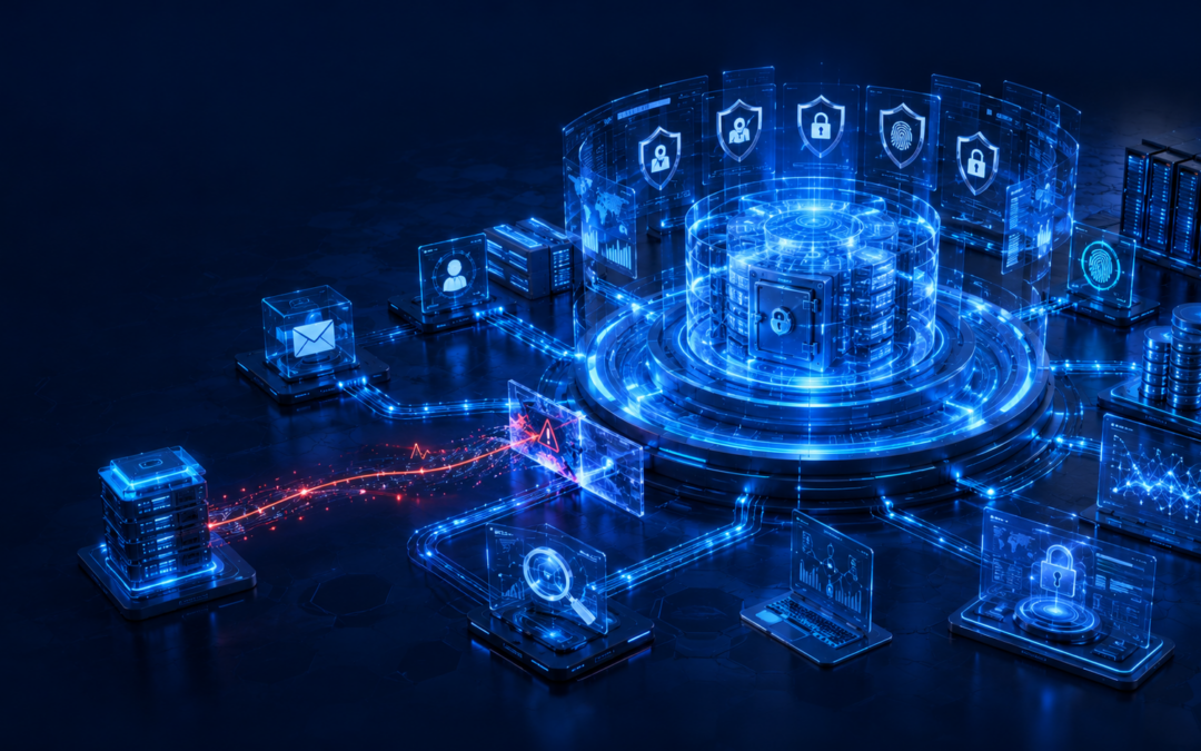 Bank of Baroda data breach illustration showing secure banking infrastructure, customer data protection, forensic cybersecurity investigation, and financial information security architecture.