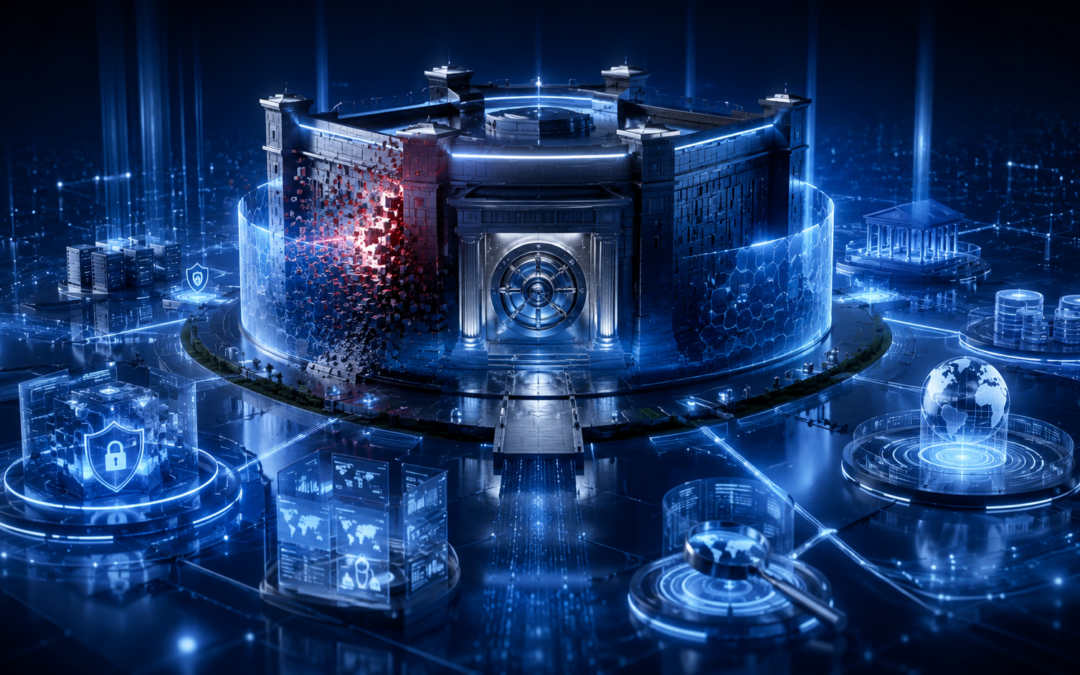 Enterprise cybersecurity illustration showing secure banking infrastructure, ransomware threat monitoring, digital forensics, and financial data protection systems.