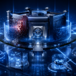 Enterprise cybersecurity illustration showing secure banking infrastructure, ransomware threat monitoring, digital forensics, and financial data protection systems.