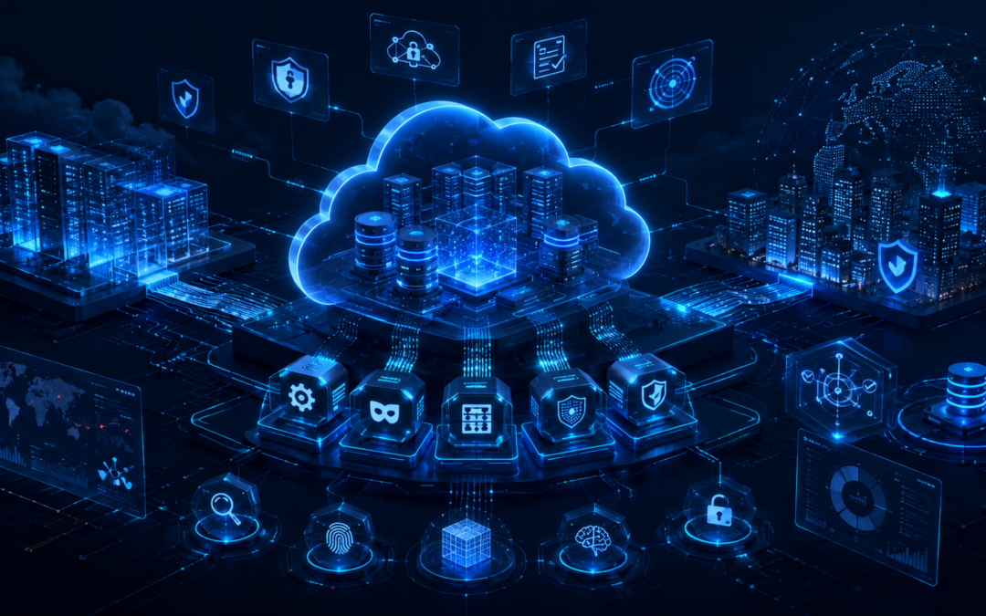 IBM SLA data breach illustration showing a cloud testing environment, cybersecurity monitoring systems, data anonymization controls, and enterprise security architecture.
