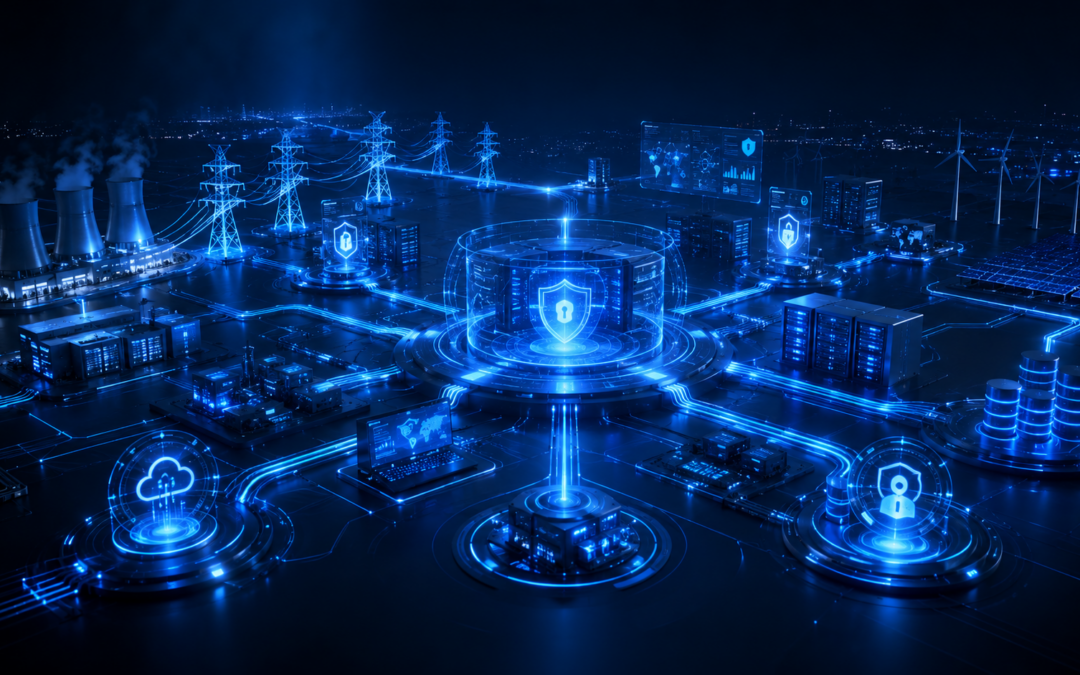 Origin Energy data breach illustration showing secure critical infrastructure, customer data protection, cybersecurity monitoring, and enterprise incident response architecture.